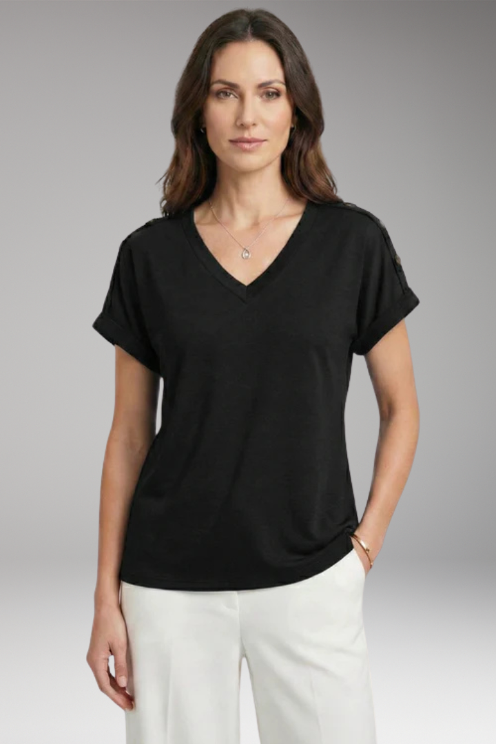 Women's T Shirt with V Neck and Buttoned Sleeves