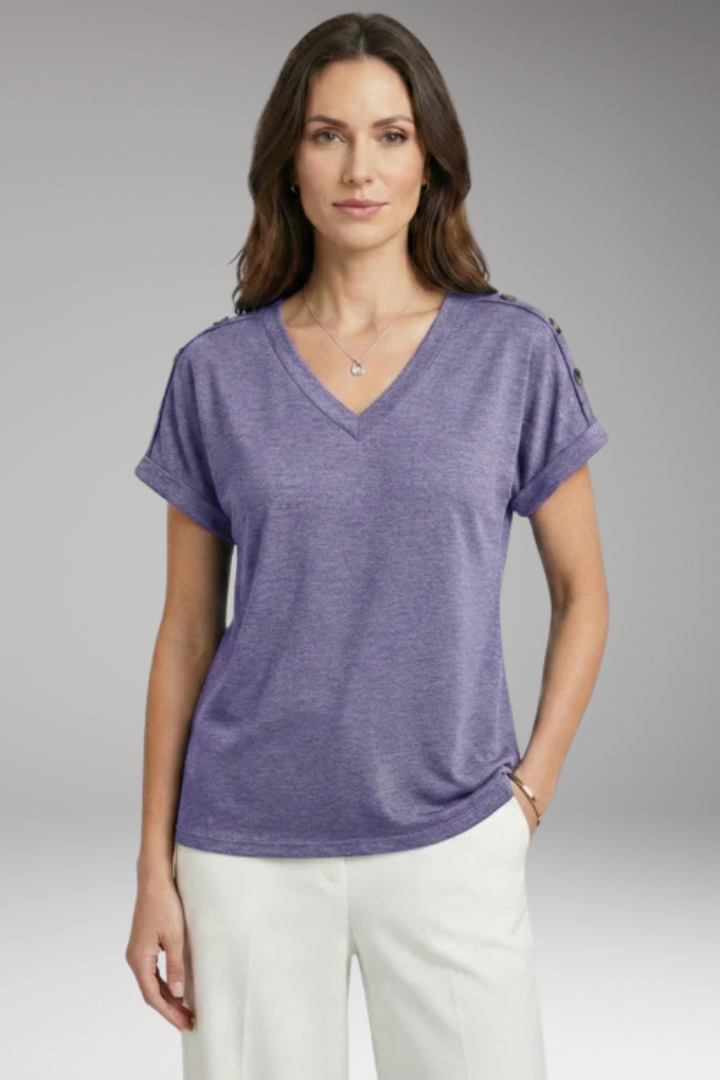 Women's T Shirt with V Neck and Buttoned Sleeves