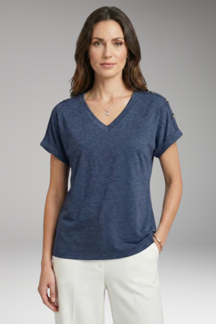 Women's T Shirt with V Neck and Buttoned Sleeves