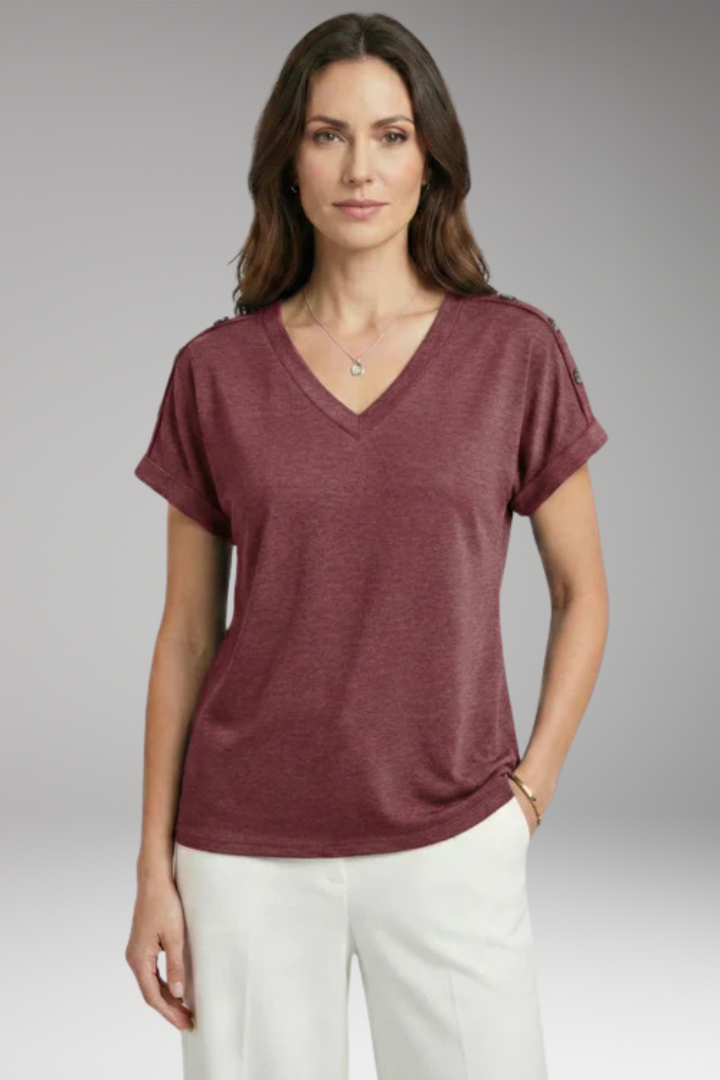 Women's T Shirt with V Neck and Buttoned Sleeves