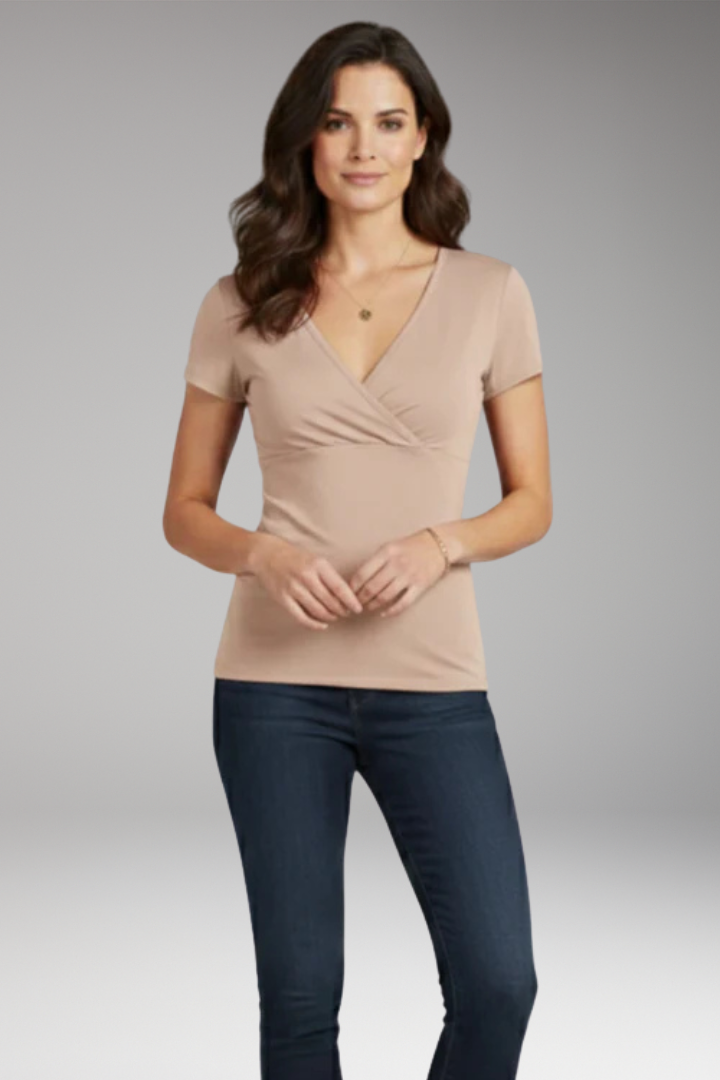 Women's T Shirt with Wrap V Neck and Short Sleeves