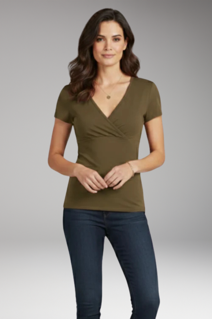 Women's T Shirt with Wrap V Neck and Short Sleeves