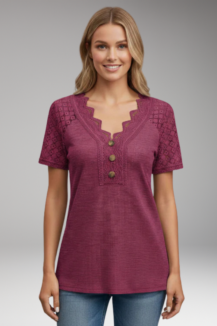 Women's T'Shirt with Crochet Sleeves and Button Front