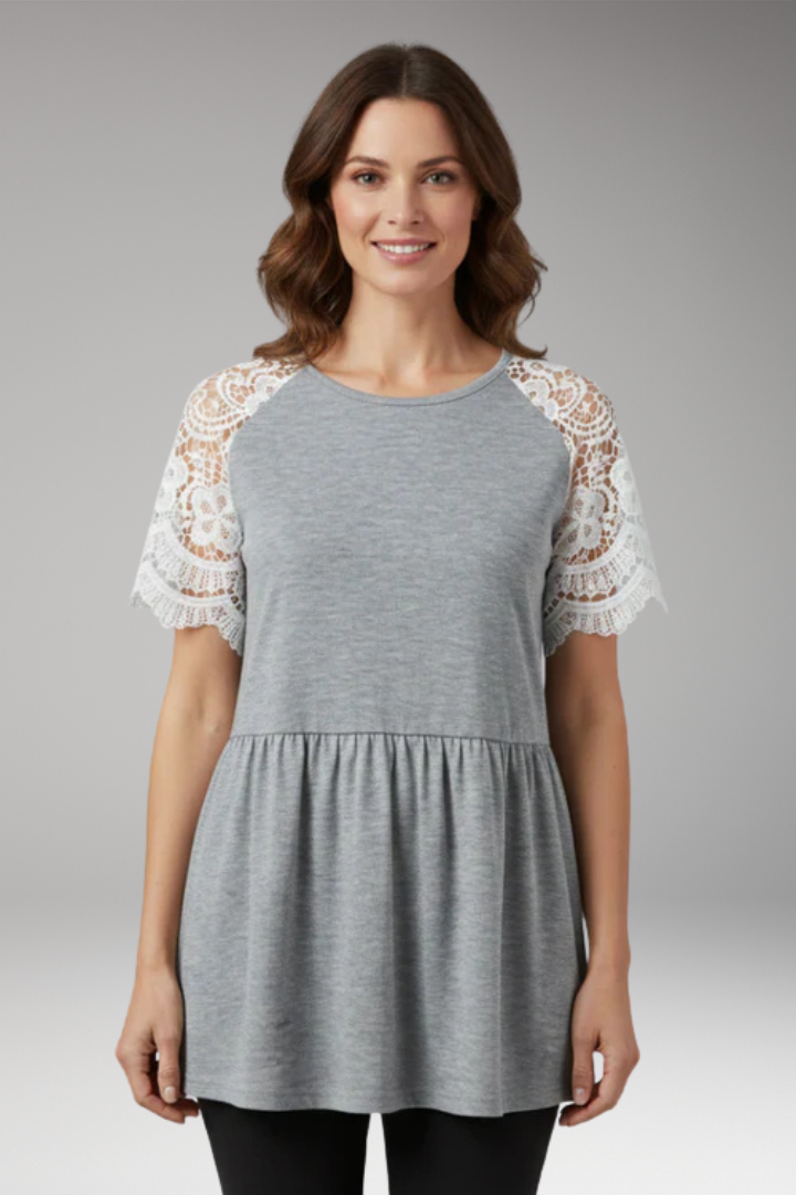 Women's T'Shirt with Lace Sleeves and Peplum Hem