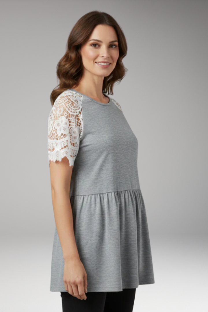 Women's T'Shirt with Lace Sleeves and Peplum Hem