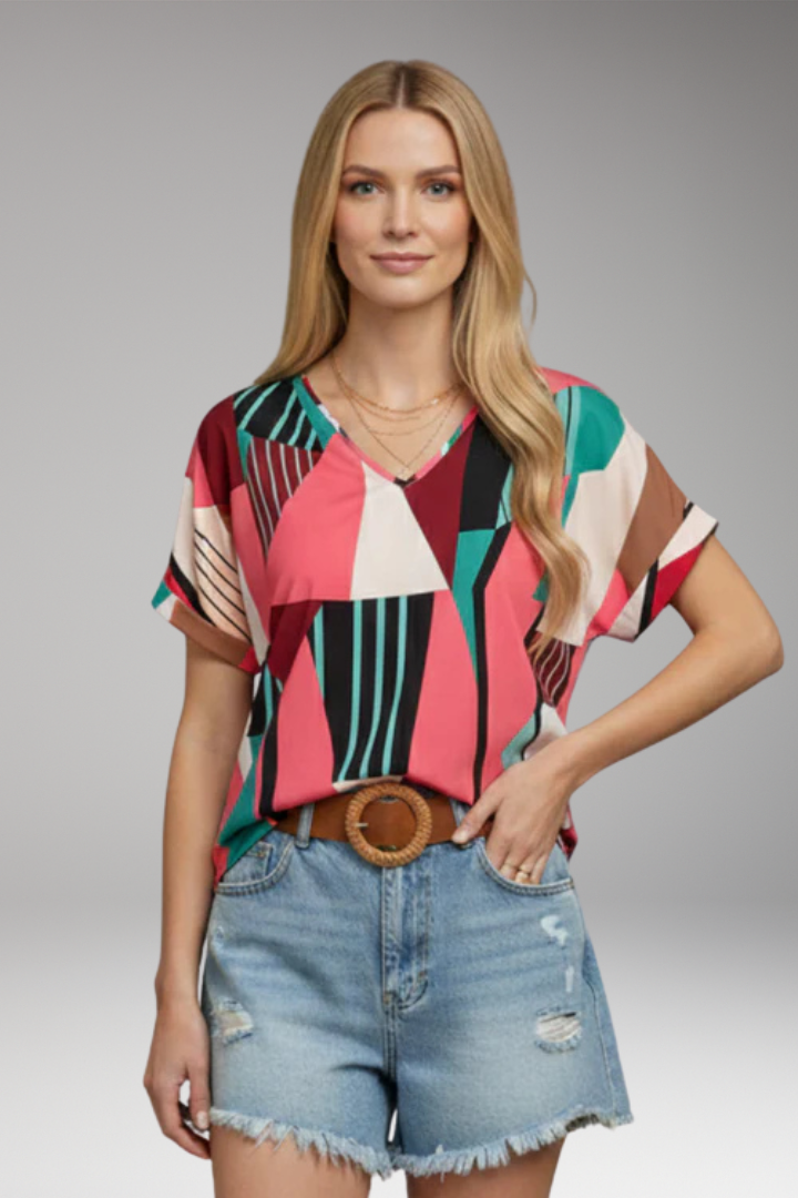 Women's T'Shirt with V'Neck and Geometric Pattern