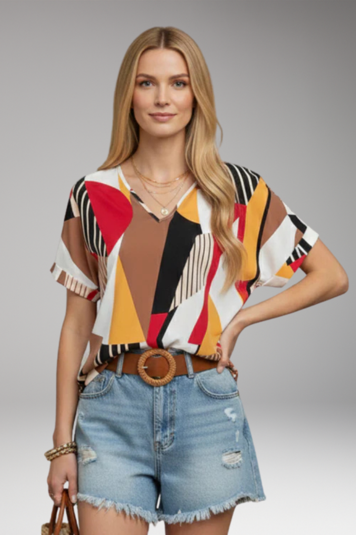 Women's T'Shirt with V'Neck and Geometric Pattern