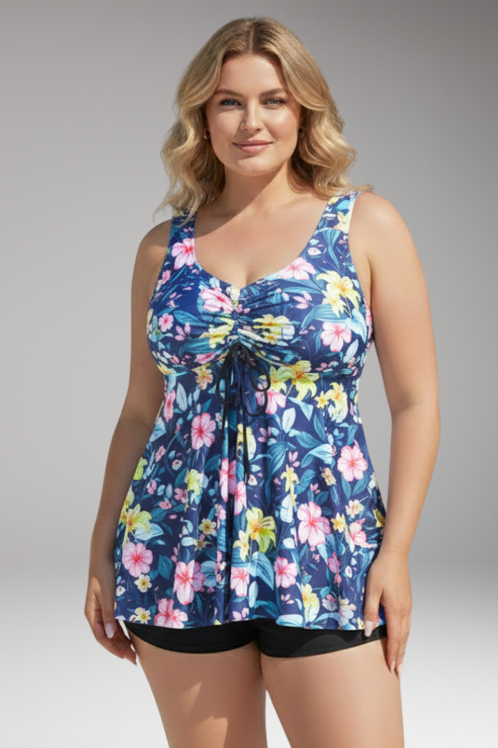Women's Tankini Set with Adjustable Straps and Tie-Front Design