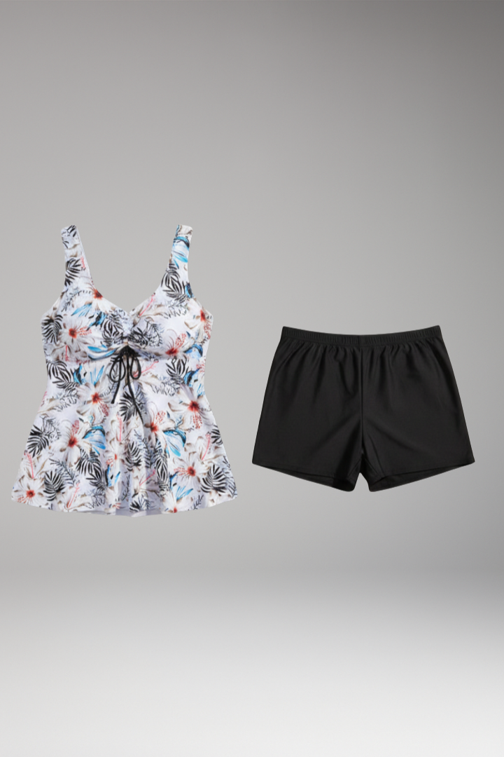 Women's Tankini Set with Adjustable Straps and Tie-Front Design