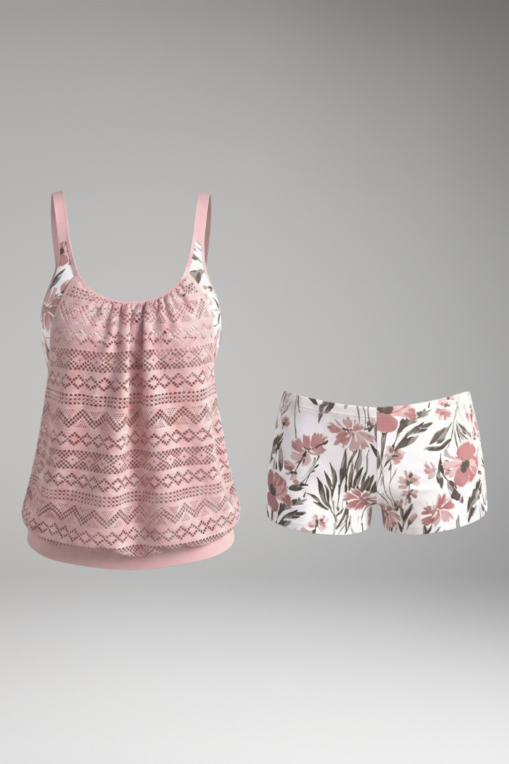 Women's Tankini Set with Lace Design and Striped Bottoms