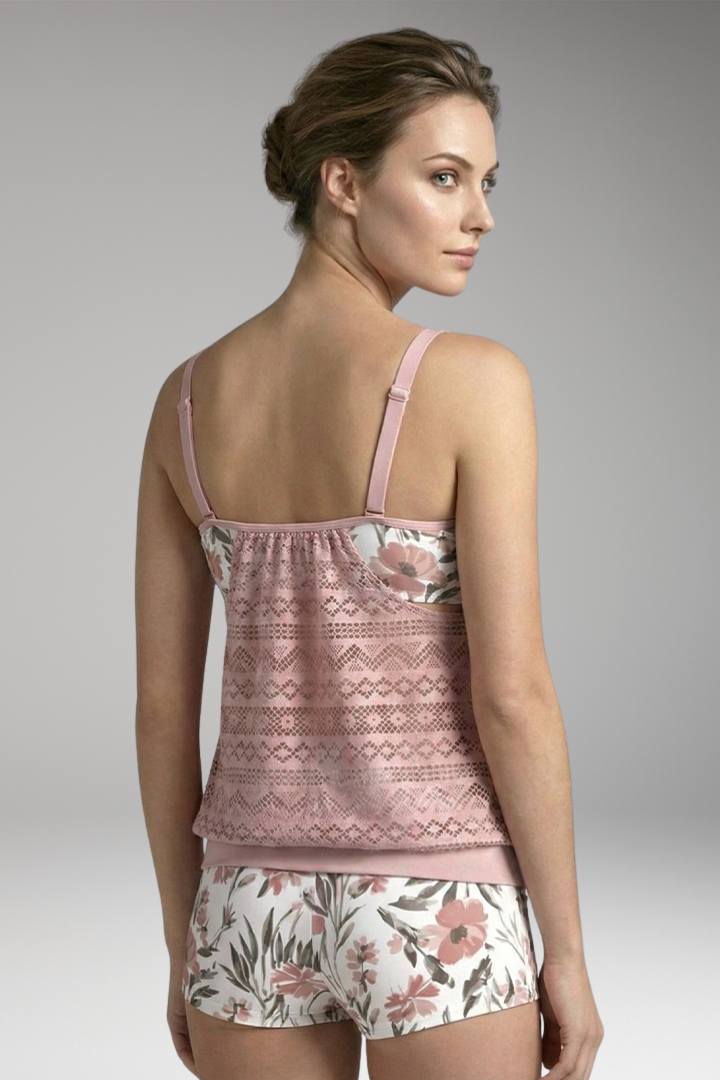 Women's Tankini Set with Lace Design and Striped Bottoms