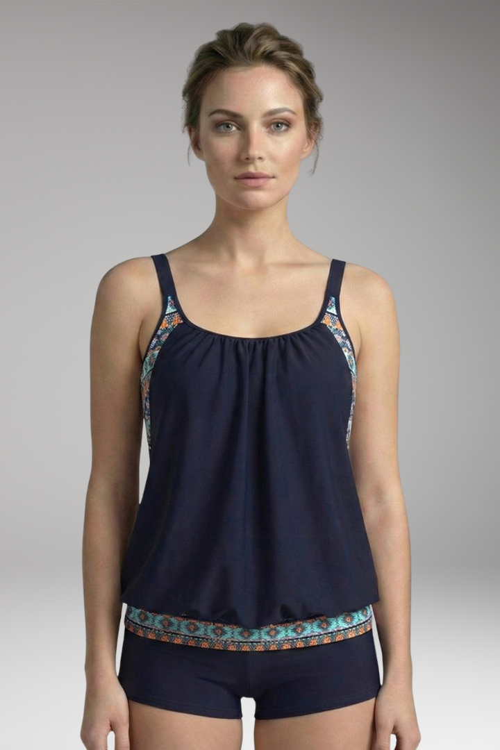 Women's Tankini Set with Lace Design and Striped Bottoms