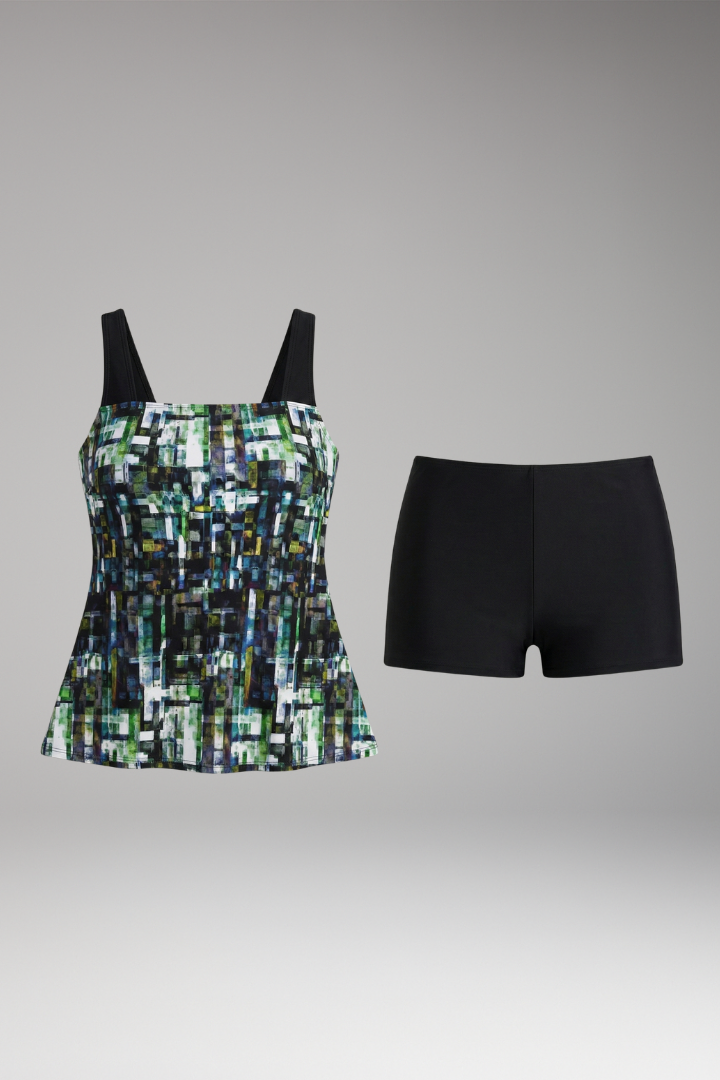 Women's Tankini Set with Printed Top and High-Waisted Shorts