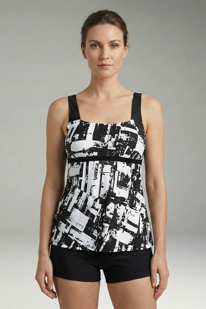 Women's Tankini Set with Printed Top and High-Waisted Shorts