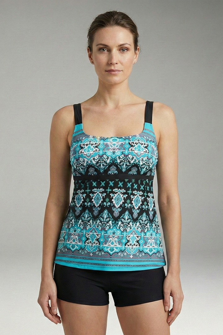 Women's Tankini Set with Printed Top and High-Waisted Shorts