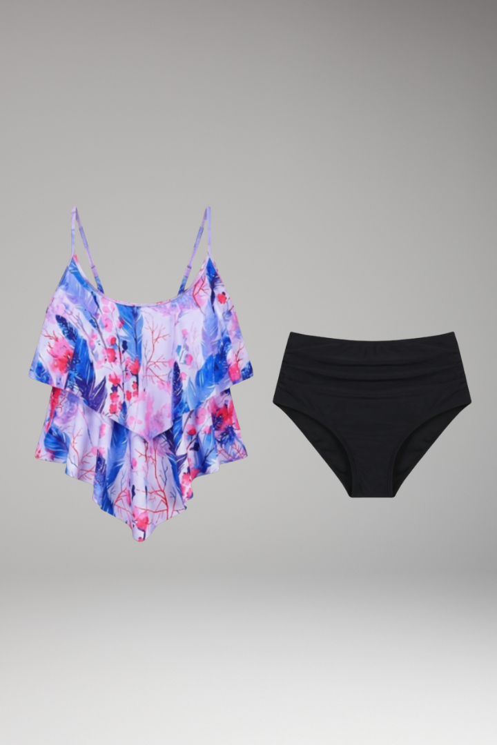 Women's Tankini Set with Ruffled Top and High-Waisted Bottoms