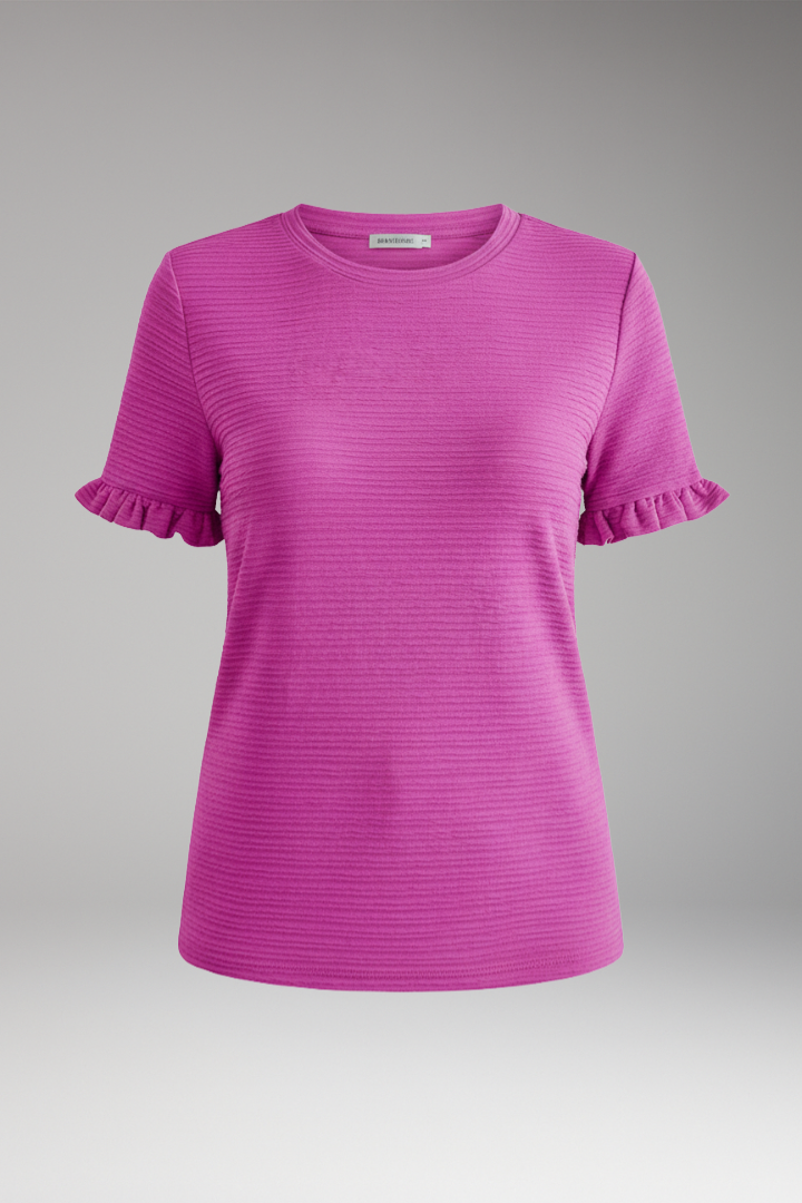 Women's Textured T Shirt with Round Neck and Ruffle Sleeves