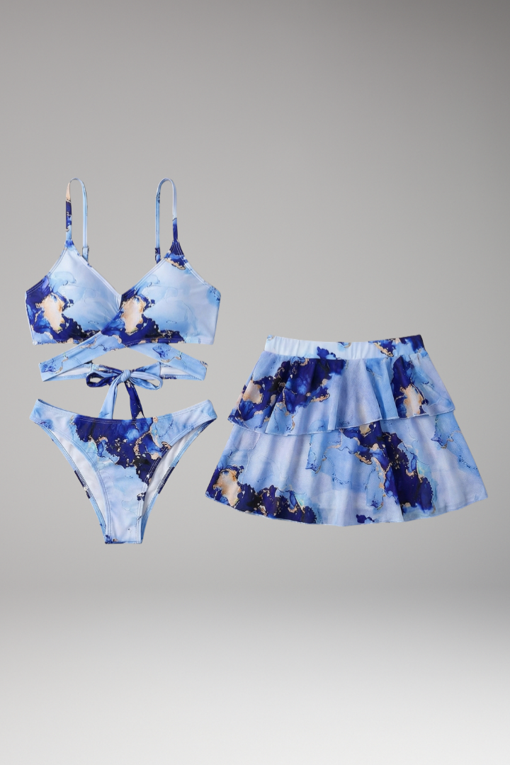 Women's Three-Piece Bikini Set with Marble Print and Flared Skirt