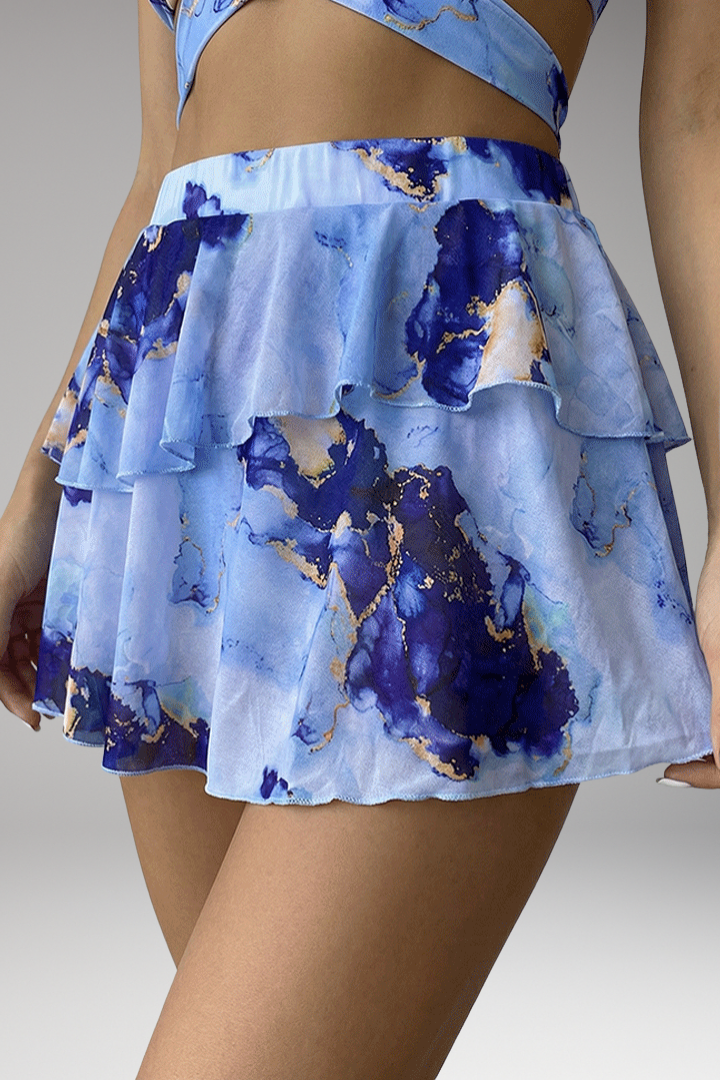 Women's Three-Piece Bikini Set with Marble Print and Flared Skirt