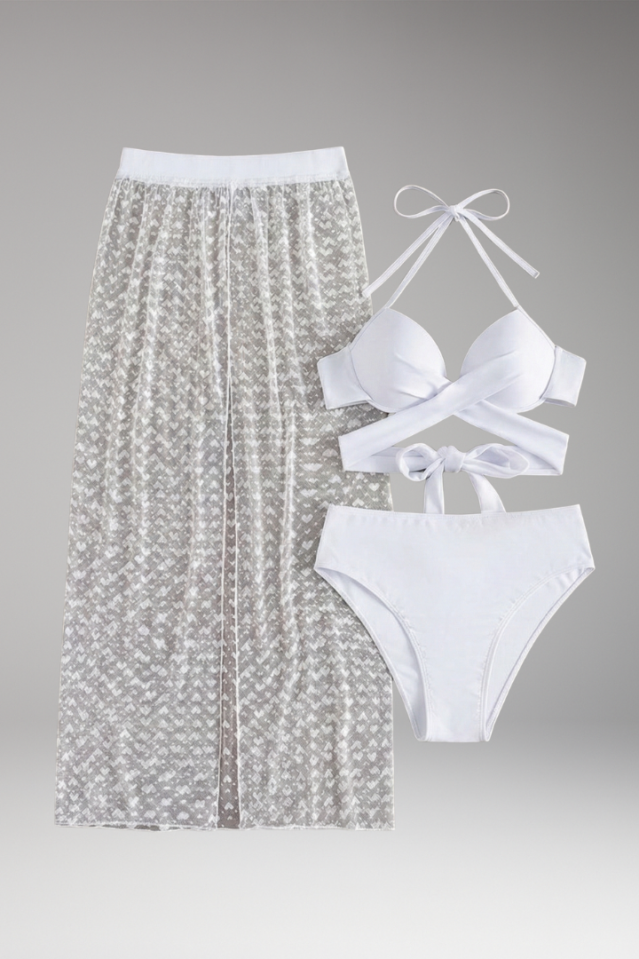 Women's Three-Piece Bikini with Criss-Cross Top and Mesh Skirt