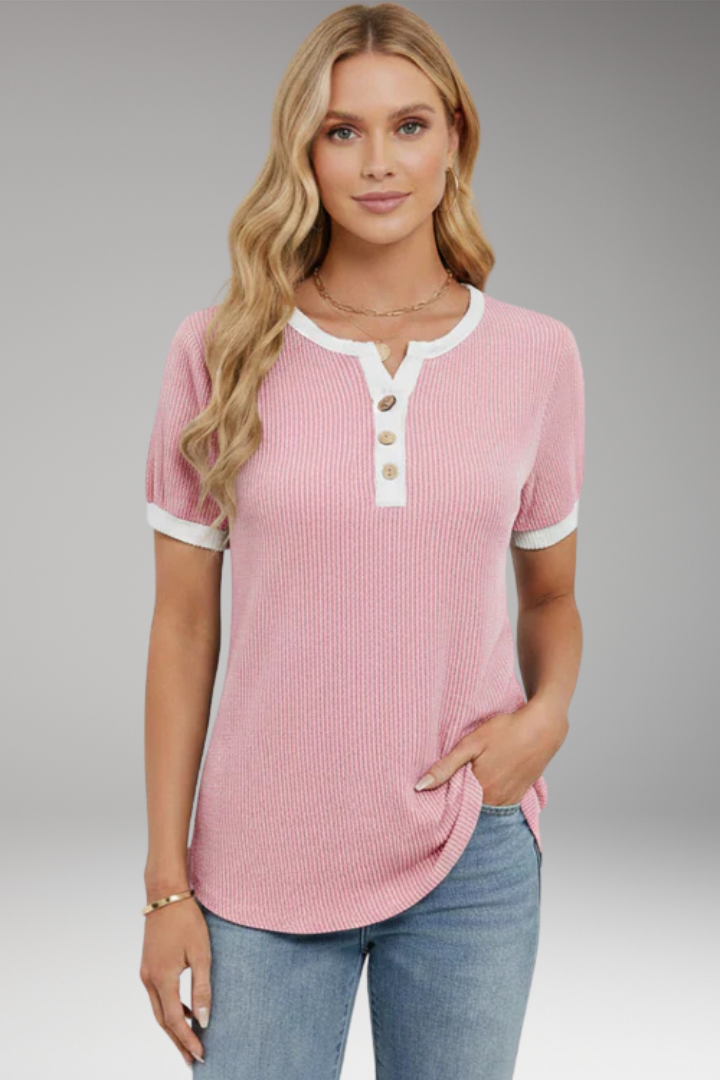 Women's Top with Button Placket and Short Sleeves