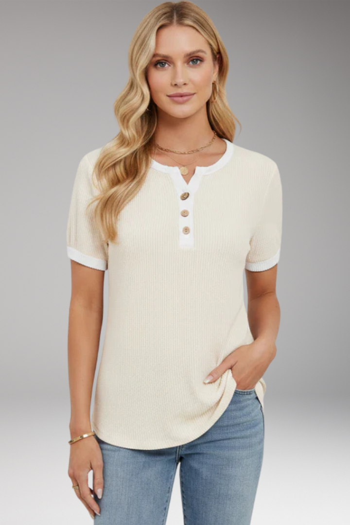 Women's Top with Button Placket and Short Sleeves