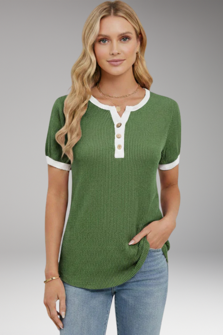 Women's Top with Button Placket and Short Sleeves