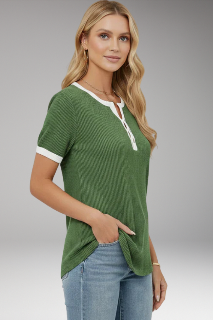 Women's Top with Button Placket and Short Sleeves