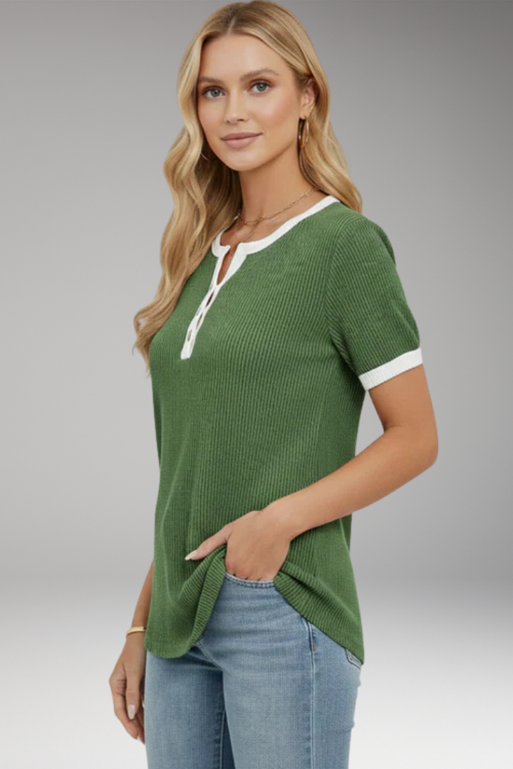 Women's Top with Button Placket and Short Sleeves