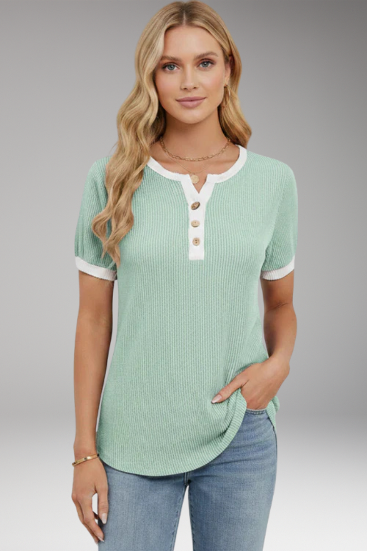 Women's Top with Button Placket and Short Sleeves