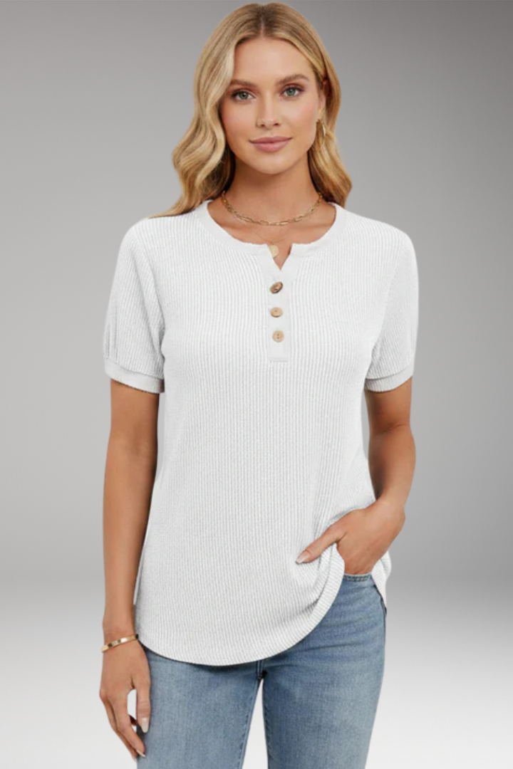 Women's Top with Button Placket and Short Sleeves