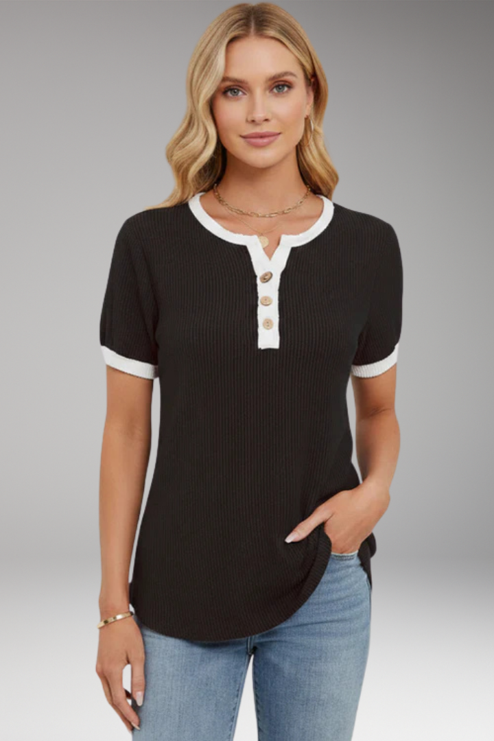Women's Top with Button Placket and Short Sleeves