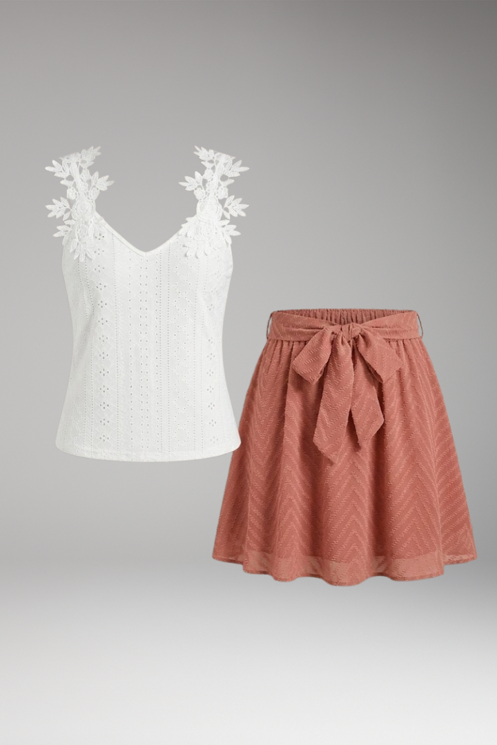 Women's Two-Piece Set with Lace Top and Mini Skirt