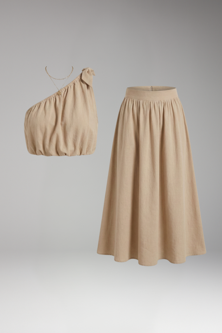 Women's Two-Piece Set with One-Shoulder Top and Midi Skirt