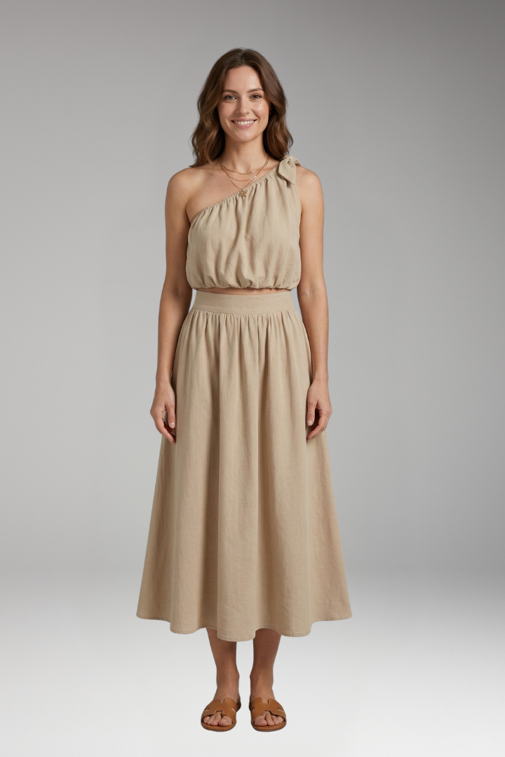 Women's Two-Piece Set with One-Shoulder Top and Midi Skirt
