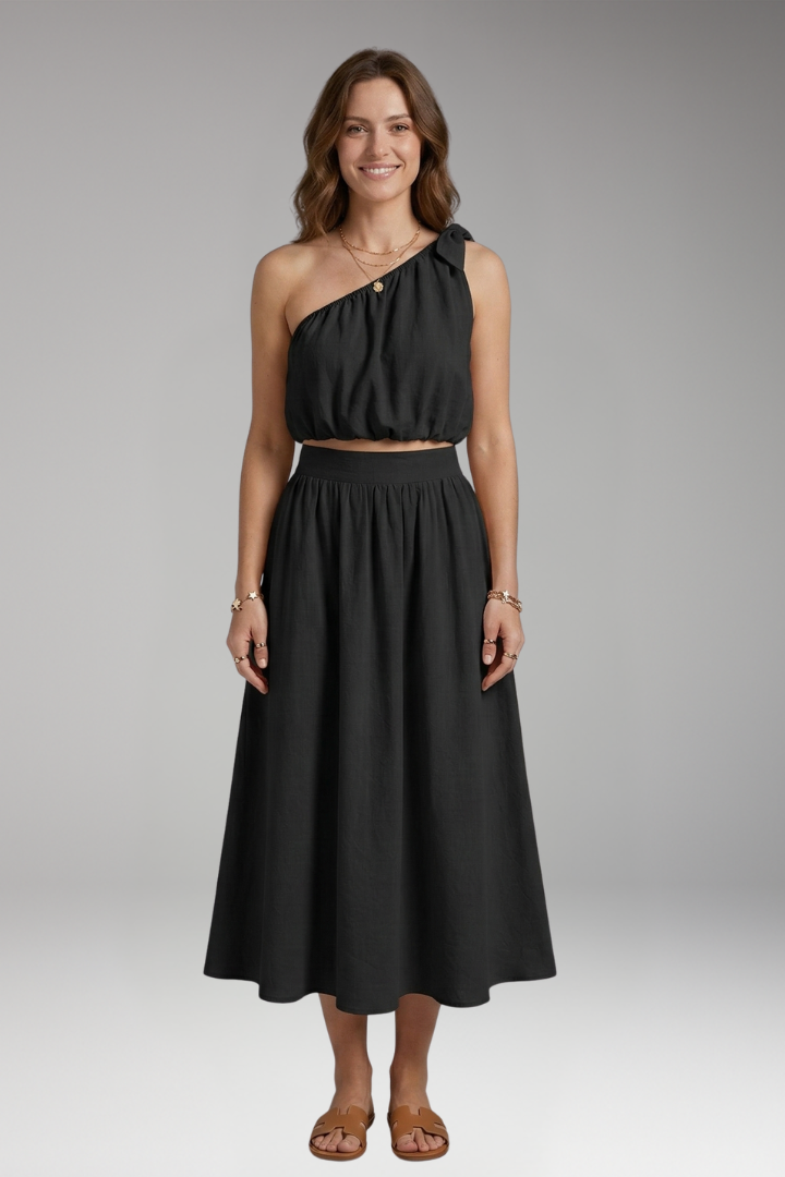 Women's Two-Piece Set with One-Shoulder Top and Midi Skirt