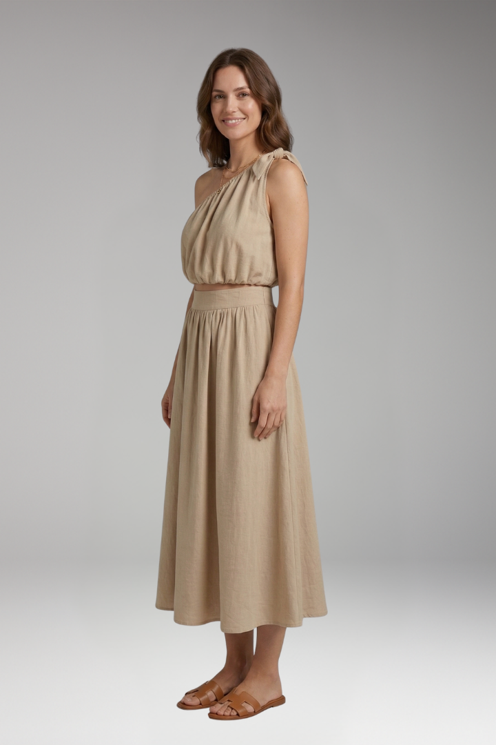 Women's Two-Piece Set with One-Shoulder Top and Midi Skirt