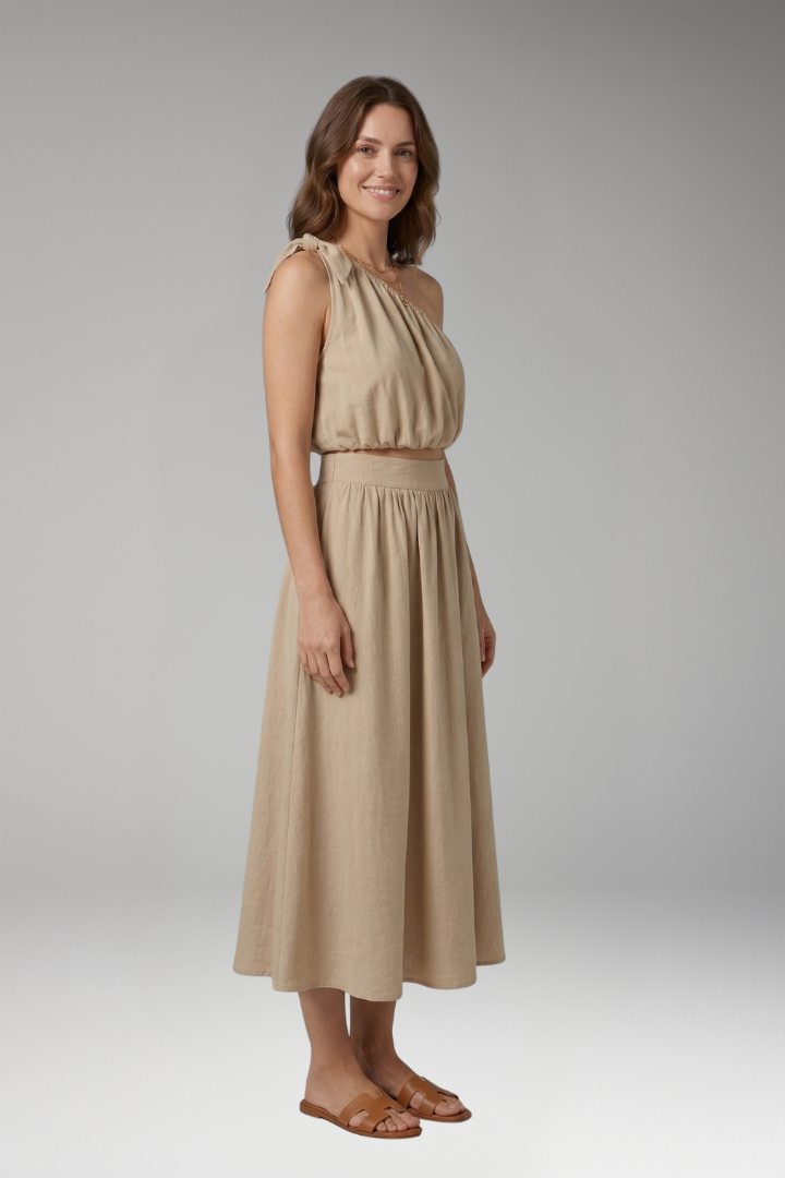 Women's Two-Piece Set with One-Shoulder Top and Midi Skirt