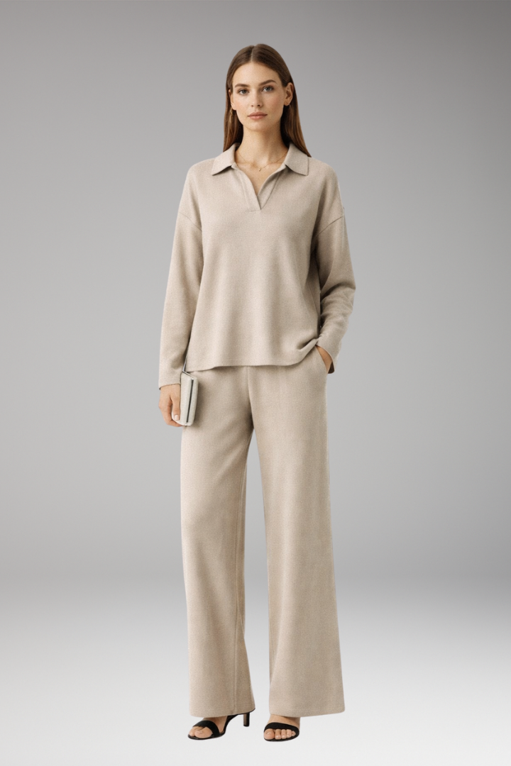 Women's Two-Piece Set with Polo Collar Top and Wide-Leg Pants