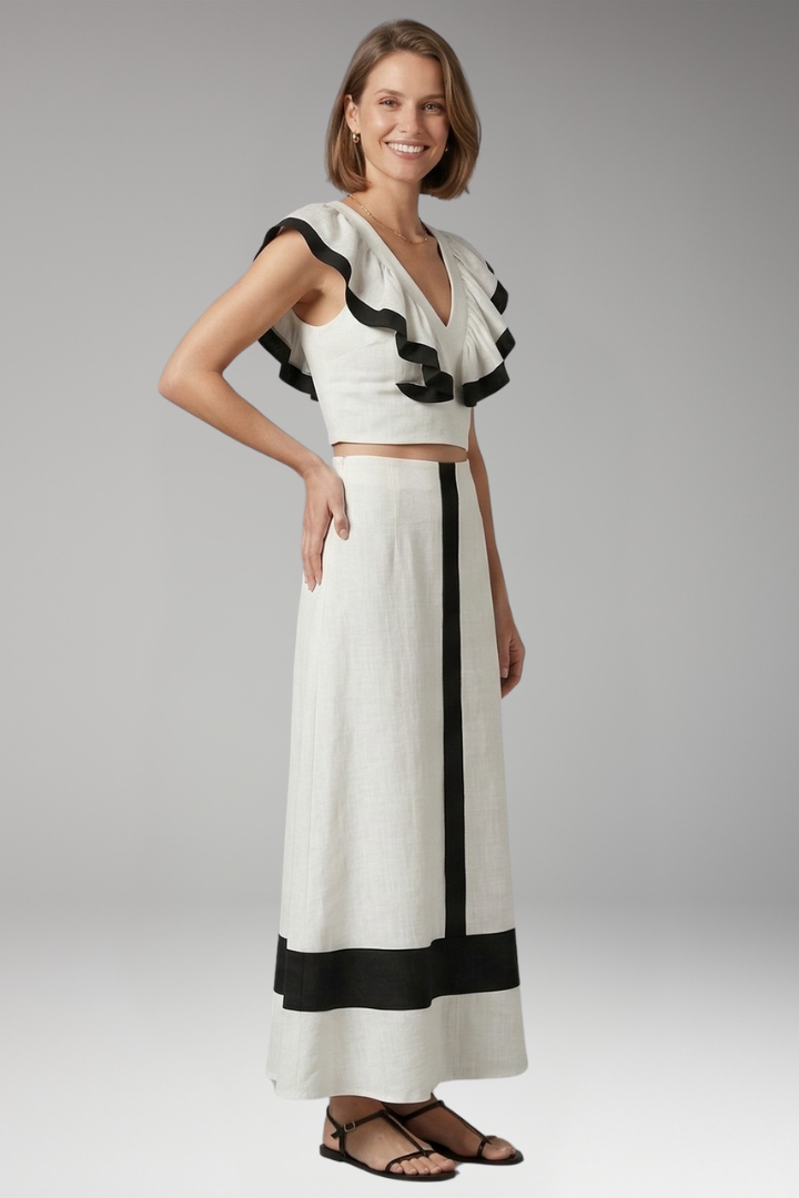 Women's Two-Piece Set with Ruffled Top and High-Waisted Skirt