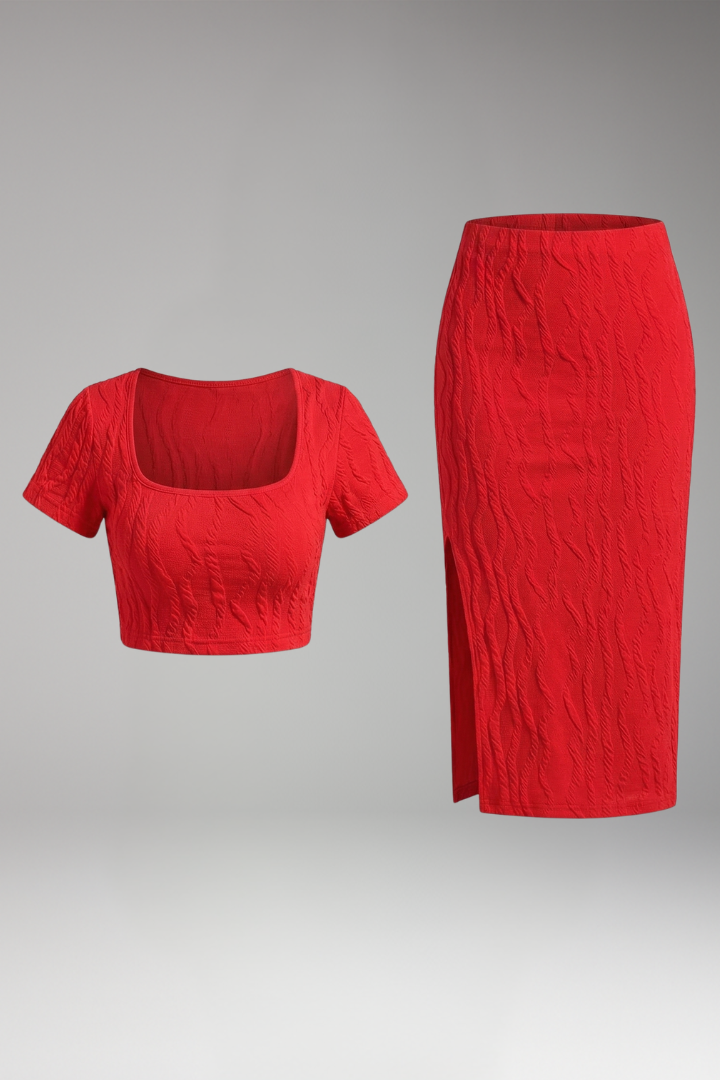 Women's Two-Piece Set with Square Neck Top and Side Slit Skirt