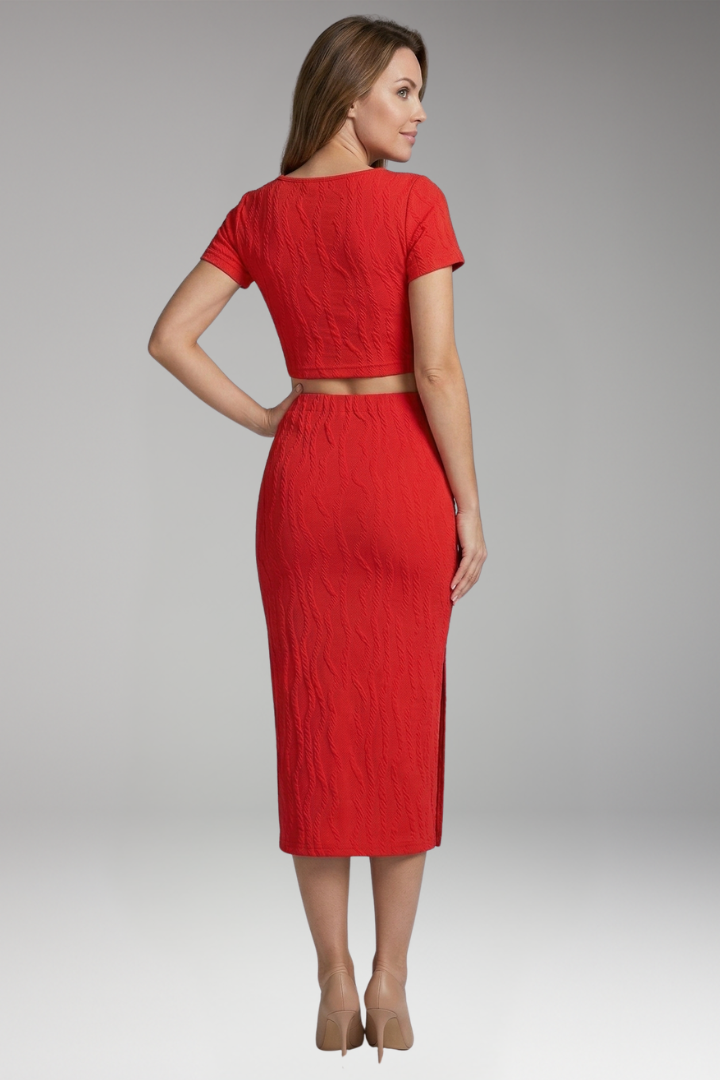 Women's Two-Piece Set with Square Neck Top and Side Slit Skirt