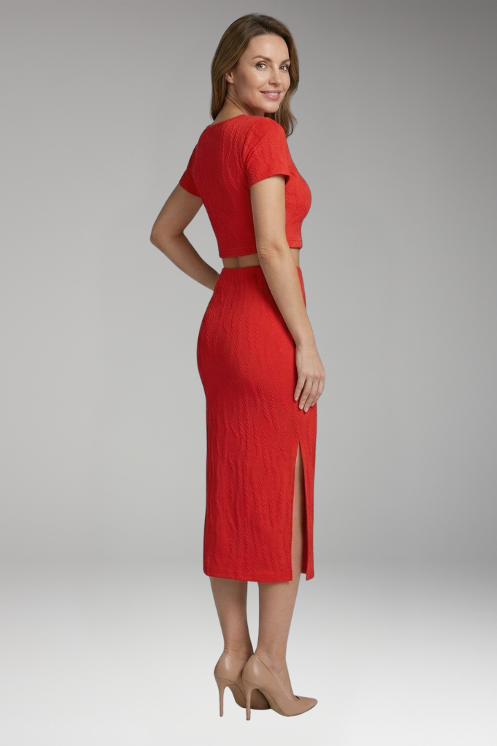 Women's Two-Piece Set with Square Neck Top and Side Slit Skirt