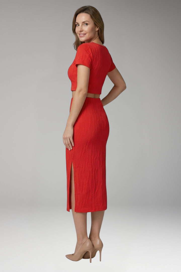 Women's Two-Piece Set with Square Neck Top and Side Slit Skirt