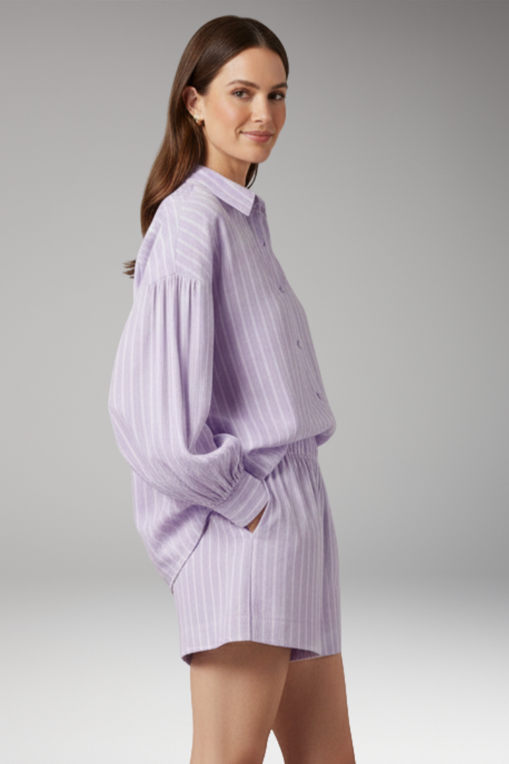 Women's Two-Piece Set with Striped Button-Up Shirt
