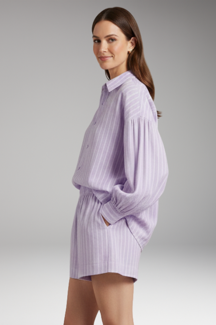 Women's Two-Piece Set with Striped Button-Up Shirt
