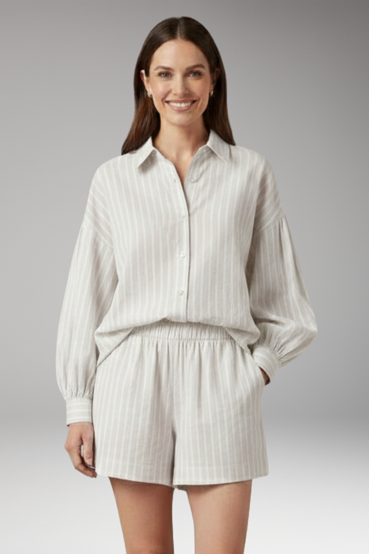 Women's Two-Piece Set with Striped Button-Up Shirt