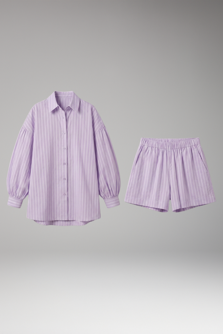 Women's Two-Piece Set with Striped Button-Up Shirt