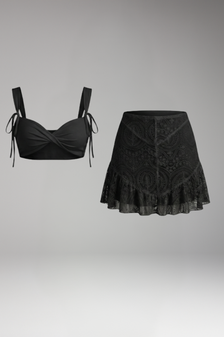 Women's Two-Piece Set with Tied Straps and Floral Lace Skirt