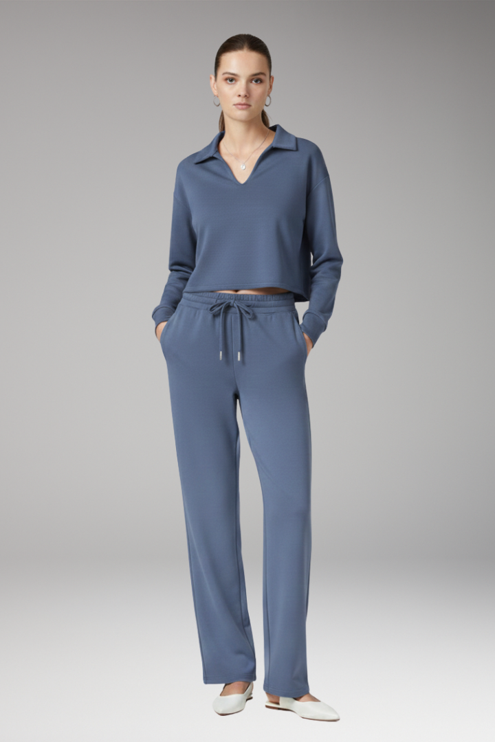 Women's Two-Piece Set with V-Neck Top and Straight-Leg Pants